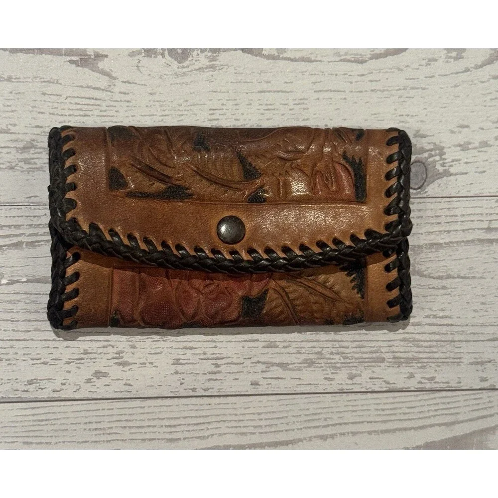 VTG Hand Tooled Leather Bird Floral Mini Key Case Western Whipstitch Tan Brown